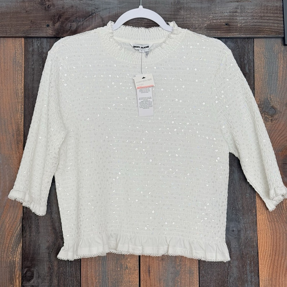 DKNY Jeans Womens XL White Sequin Smocked‎ Elbow Sleeve Top Shirt Ruffle